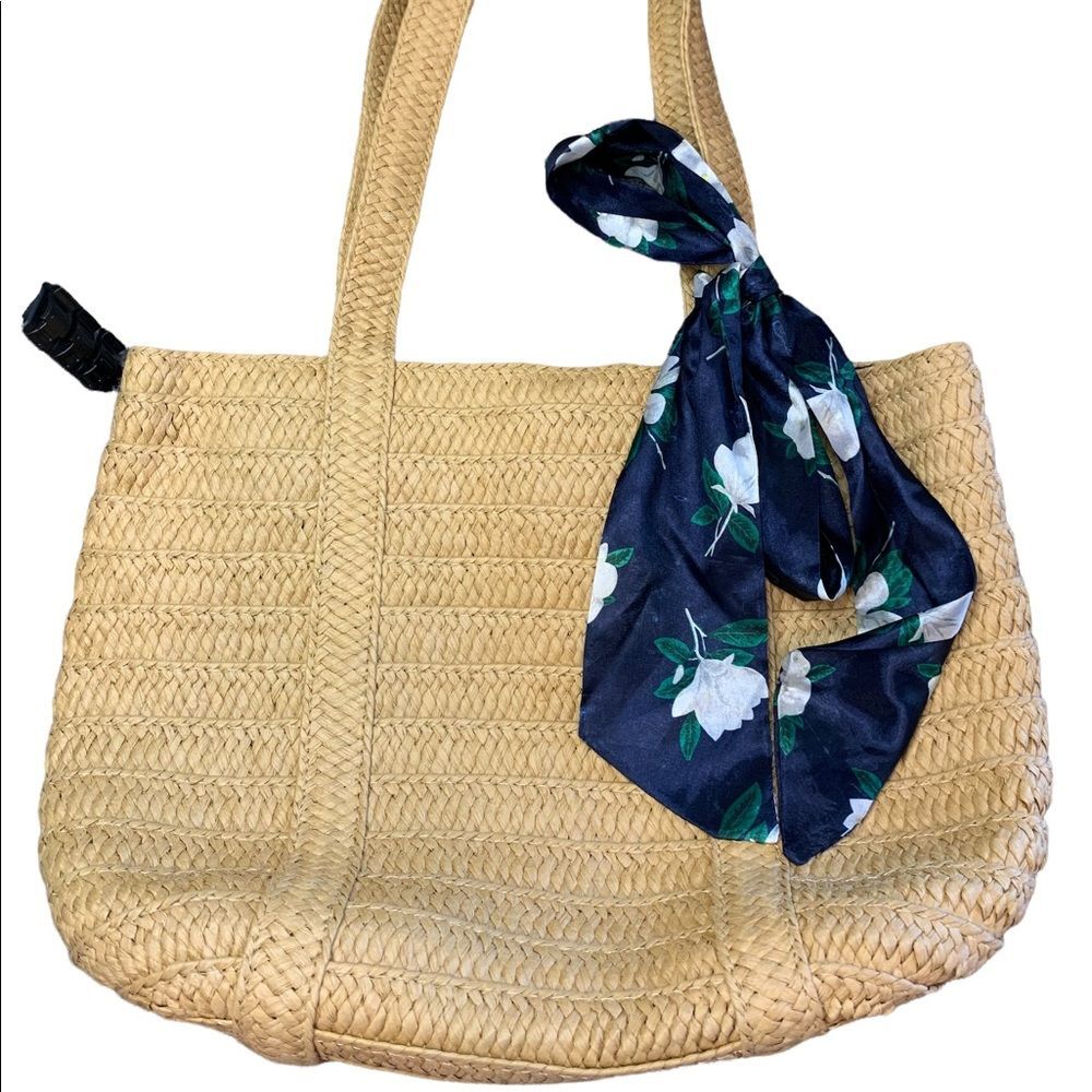 Draper James Tan Shoulder Bag with Blue Floral Scarf